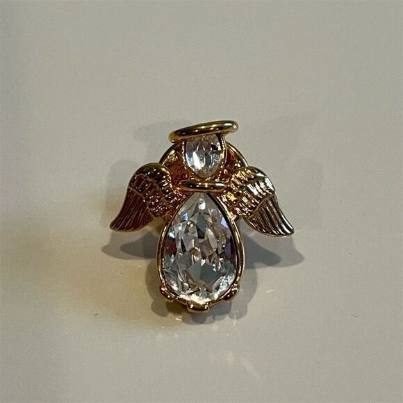 Vintage Barbara Mandrell Gold-Toned Angel Pin with Clear Rhinestones - Picture 11 of 11